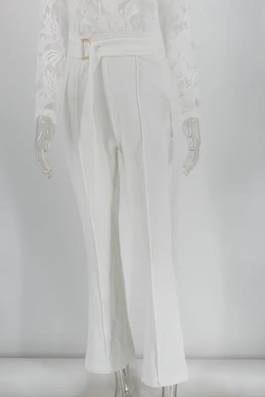 Women White Lace Stitching Long Sleeve V-neck Wide Leg Pants With Belt Romper