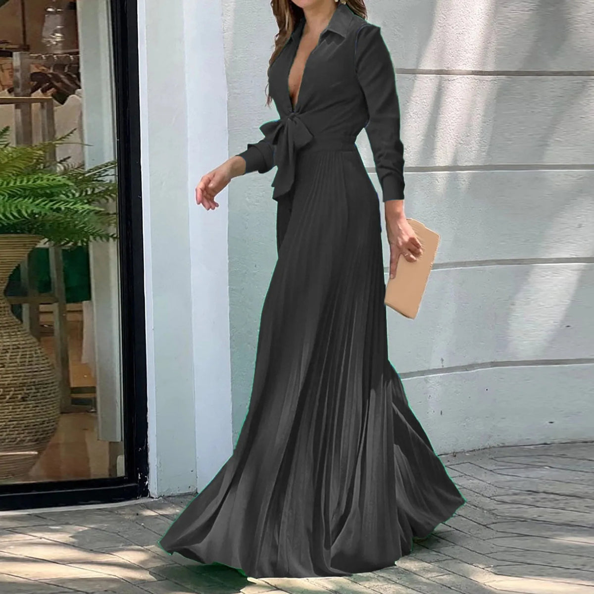 Women Elegant High Waist Long Sleeve Deep V Neck Bow Tie Collar Maxi Dress