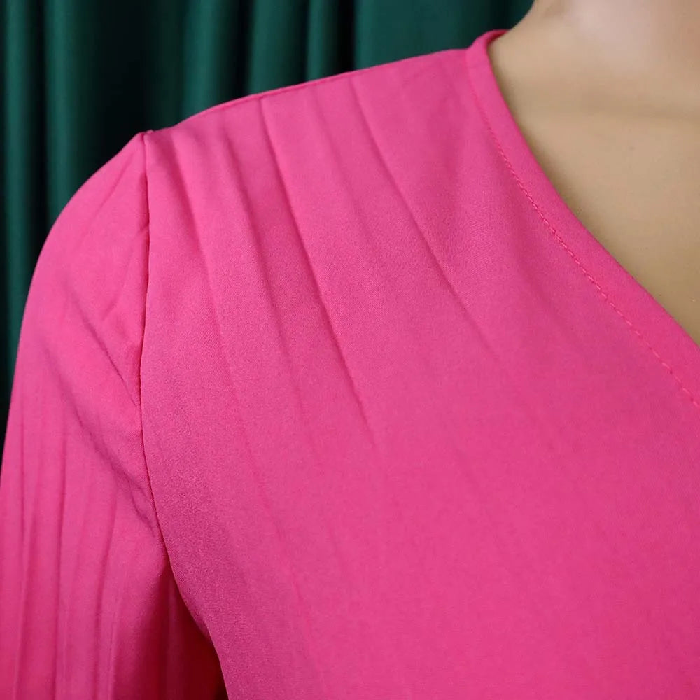Elegant Pleated Full Sleeve V Neck High Waisted Jumpsuit