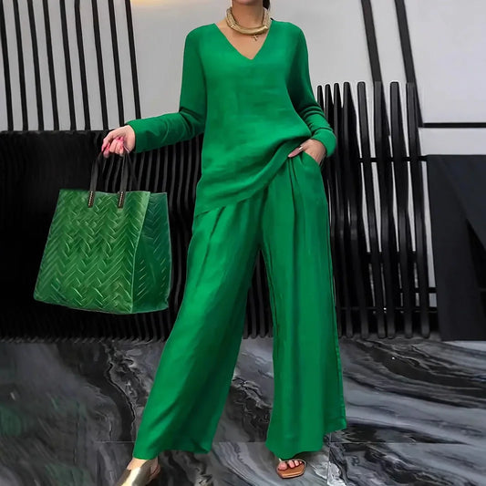 Summer Fashionable V-neck Top+ Long Pants 2 Piece Set