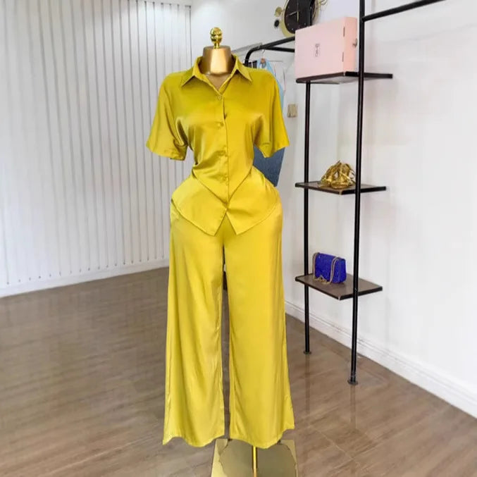 Women Two Piece Turn Down Collar Short Sleeve Shirt & Wide High Waist Leg Long Pants
