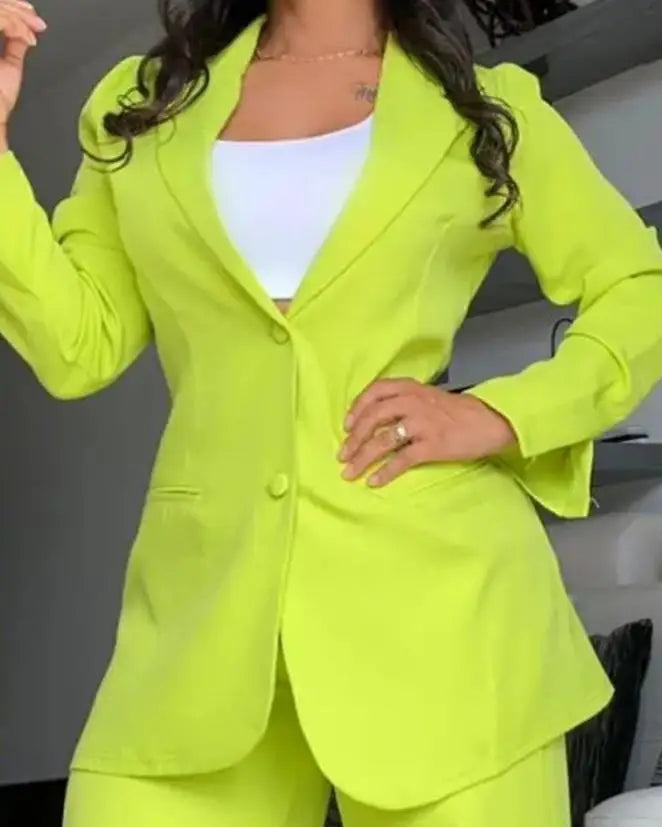 Designer Solid Color Button Blazer & Straight Leg Pant 2pc Set