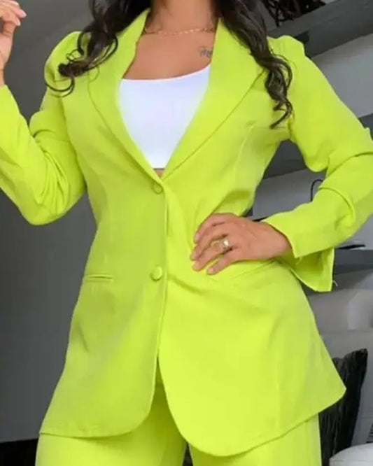 Designer Solid Color Button Blazer & Straight Leg Pant 2pc Set