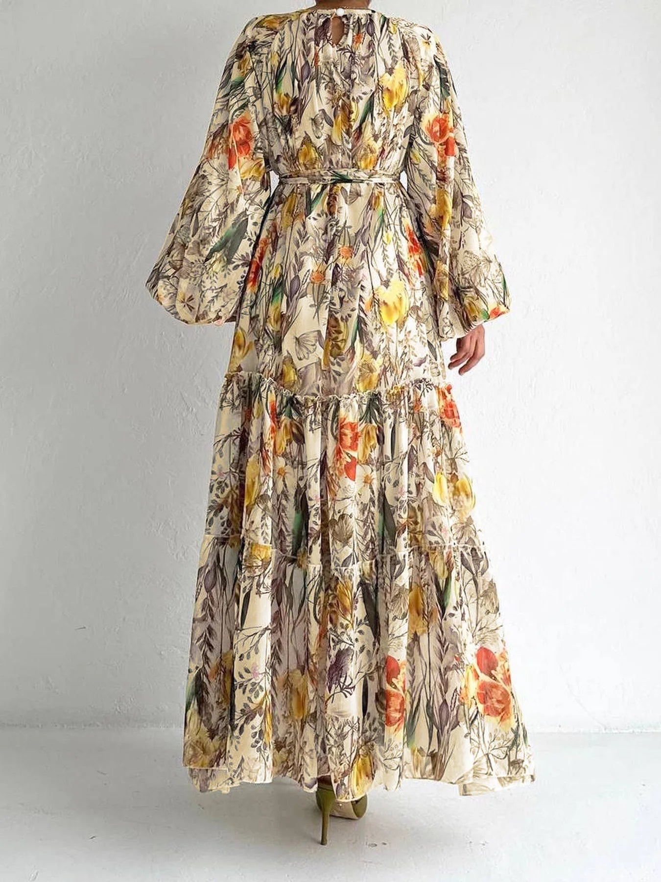 Women's Floral Printed Long-sleeved Chiffon Lace-up Dress