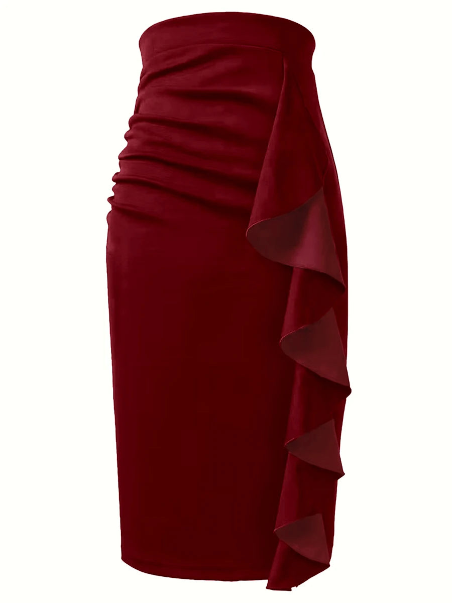 Women's Burgundy Ruffle High Waist Stretch Slim Fit Pencil Midi Skirt, w/ Side Split