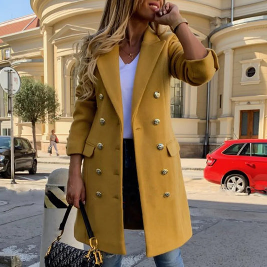 Women Solid Color Button Down Slim Sleeve Long Winter Coat