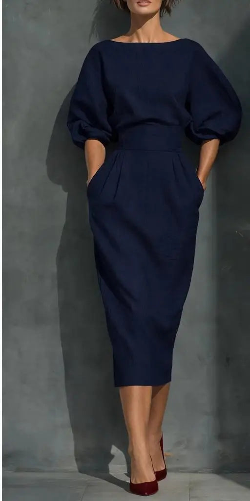 Women O-neck Lantern Sleeve Pocket Midi High Waist Pleated Wrap Hip Dress