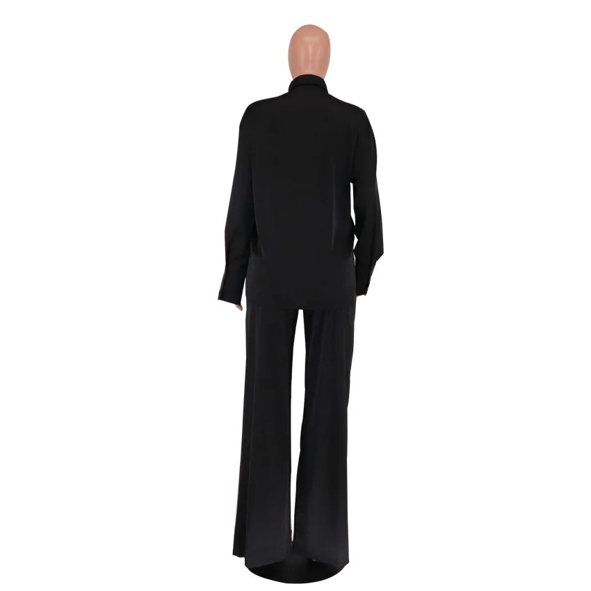 Elegant Satin Women's Long Sleeve Tracksuit And Wide Leg Pants