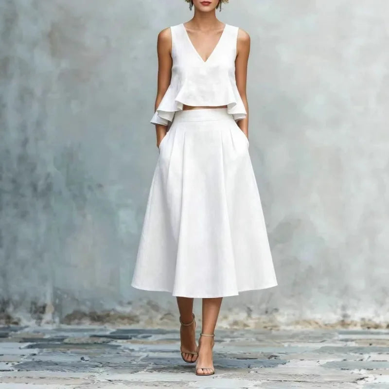 Summer V Neck 2 Piece Sleeveless Ruffle Top High Waist Wide Leg Midi Pants Set