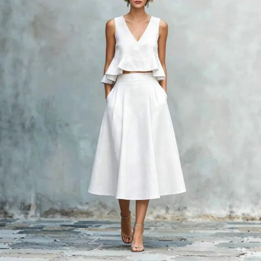 Summer V Neck 2 Piece Sleeveless Ruffle Top High Waist Wide Leg Midi Pants Set