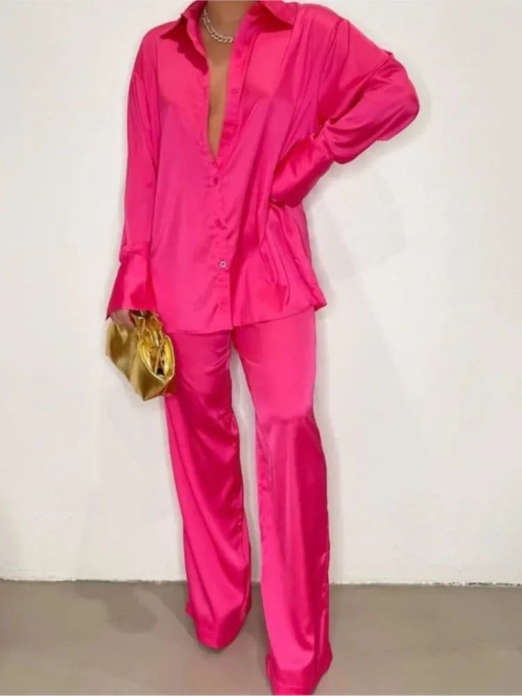 Elegant Satin Women's Long Sleeve Tracksuit And Wide Leg Pants