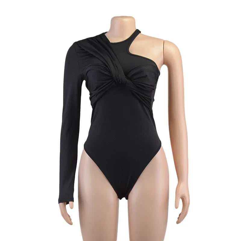 Sexy Pleated One Shoulder Long Sleeve High Waist Slim Backless Twist Bodysuit