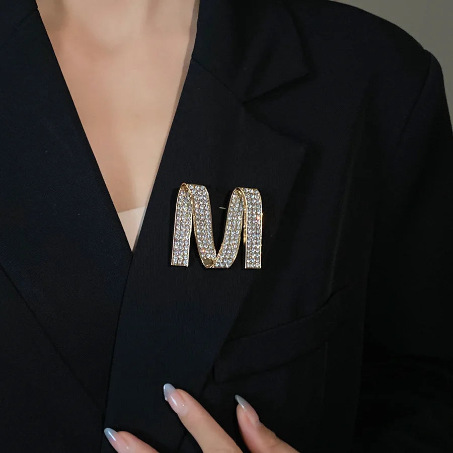 Dedicate Gold Color M Letter Full Rhinestone Brooch for Women