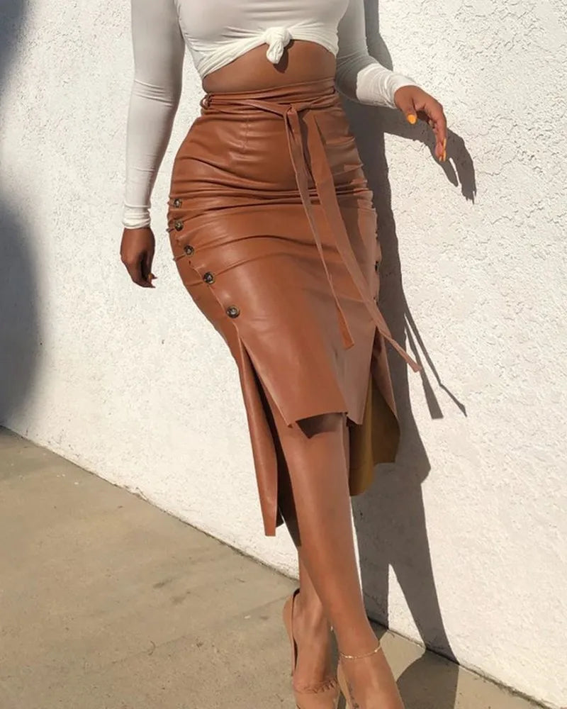 Women's Bodycon A-line High Waist Lace Up Faux Leather Skirt