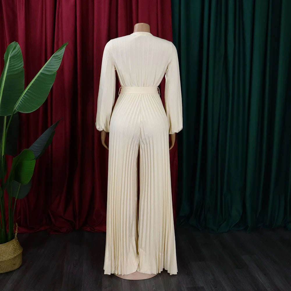 Elegant Pleated Full Sleeve V Neck High Waisted Jumpsuit