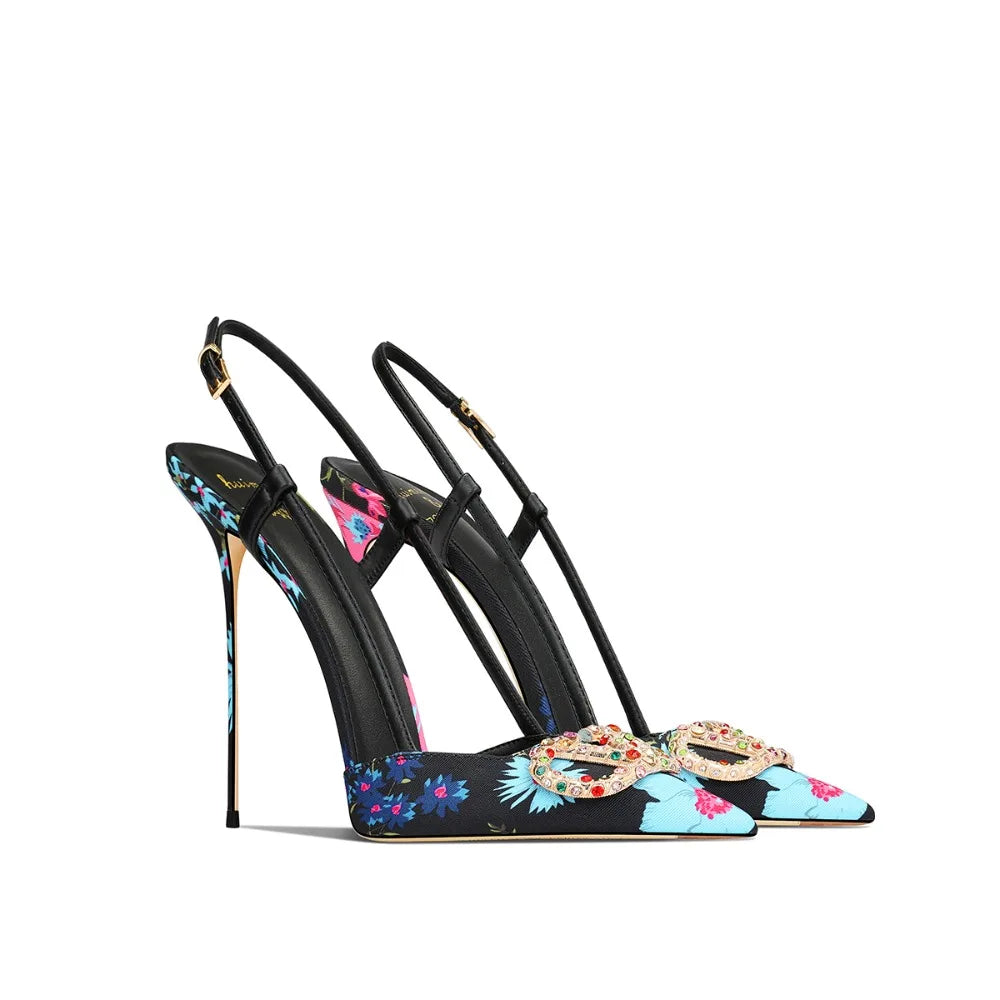 Elegant Floral Pointed Toe Jewel Buckle Stiletto Heels