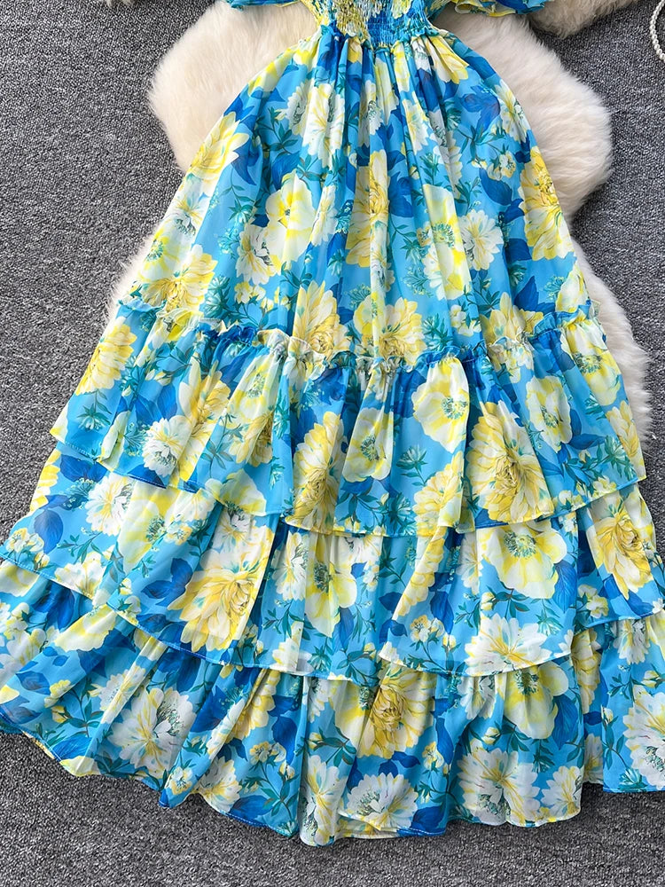 French Style Floral Retro V-neck Ruffle Sleeve High Waisted Chiffon Dress
