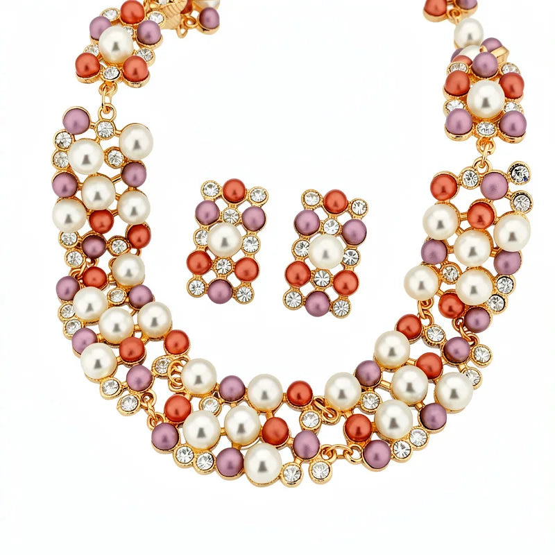 Vintage Pearl Rhinestone Choker Necklace and Earrings Set