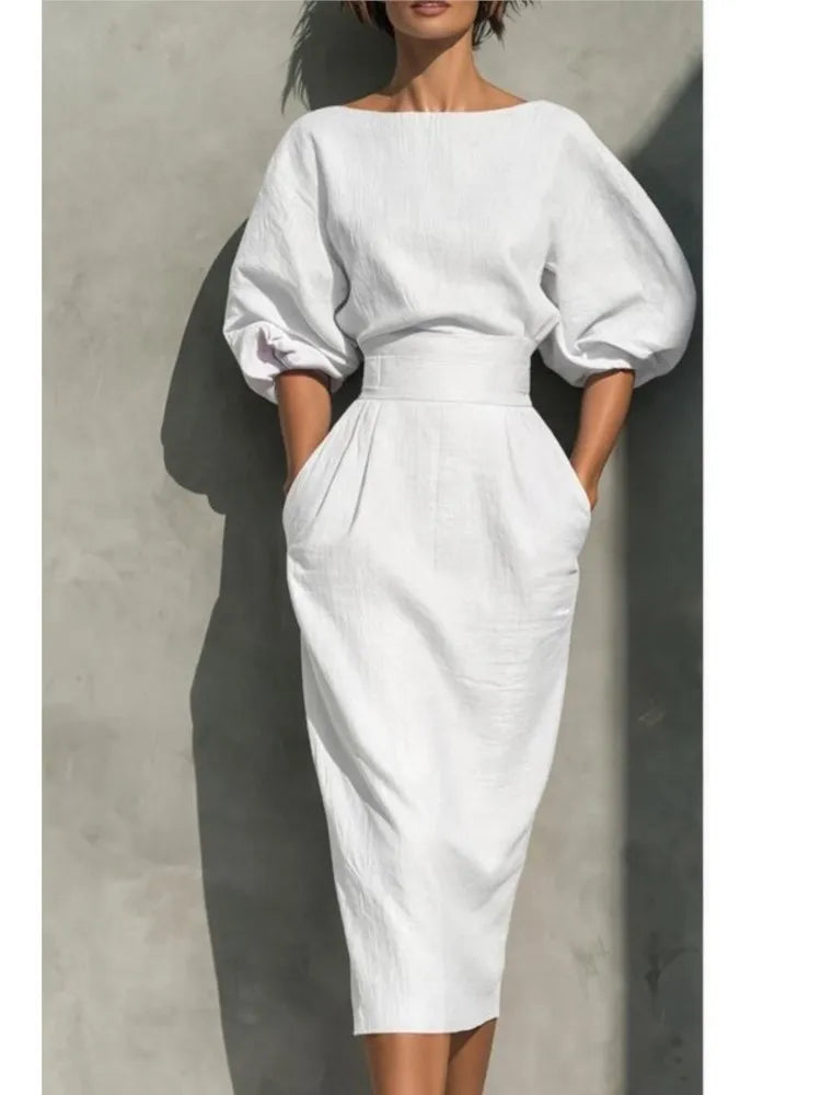 Women O-neck Lantern Sleeve Pocket Midi High Waist Pleated Wrap Hip Dress