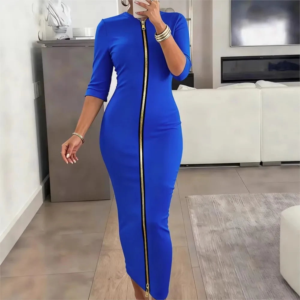 Women's Sexy Waist Solid Color Fashionable Zipper Mid-sleeve Slim Fit Dress