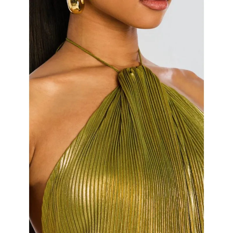 Metallic Gold Off Shoulder Backless Halter Long Dress w/ High Split