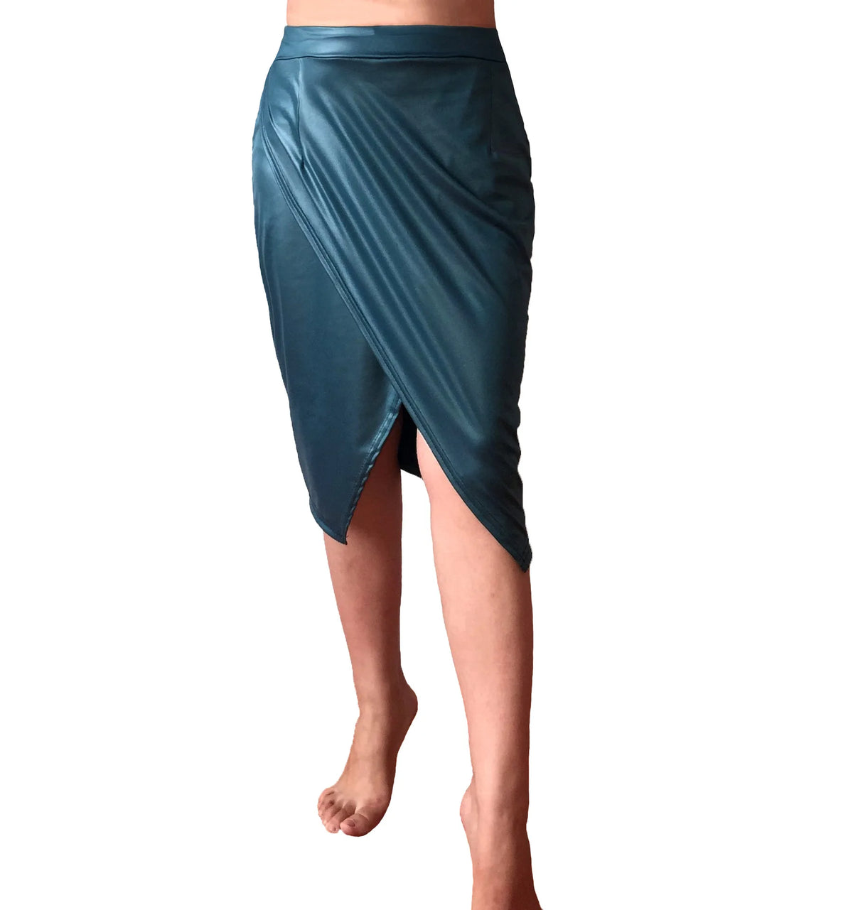 Women's Faux Leather Midi Split High-Waist Skirt