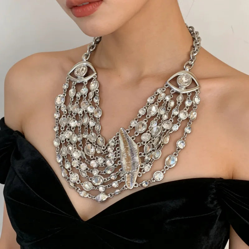 Vintage Multi-Layer Rhinestone Luxury Lip Eye Pendant Choker Necklace