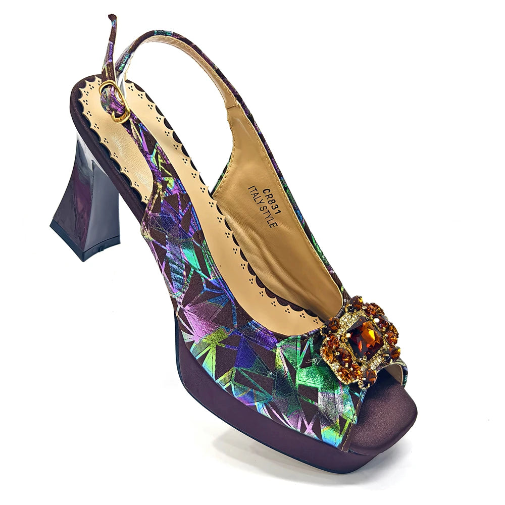 Elegant Women Peep Toe Designer Rhinestone Italian Shoes and Matching Bags