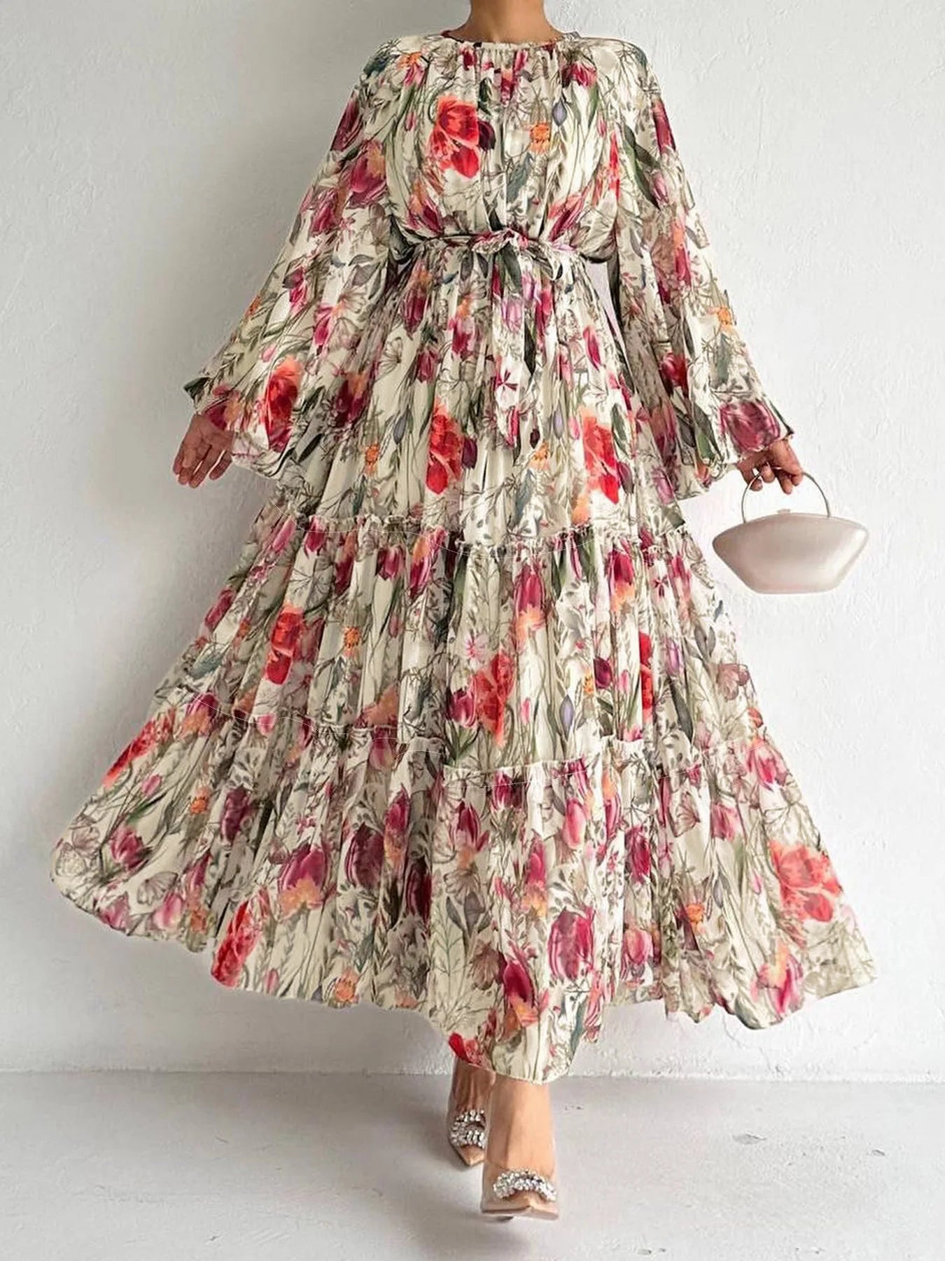 Women's Floral Printed Long-sleeved Chiffon Lace-up Dress
