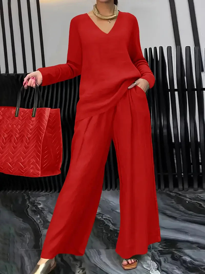Summer Fashionable V-neck Top+ Long Pants 2 Piece Set