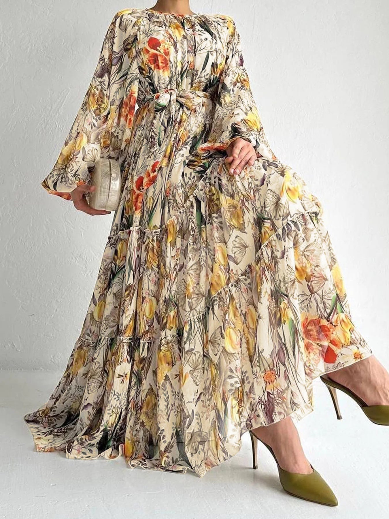 Women's Floral Printed Long-sleeved Chiffon Lace-up Dress