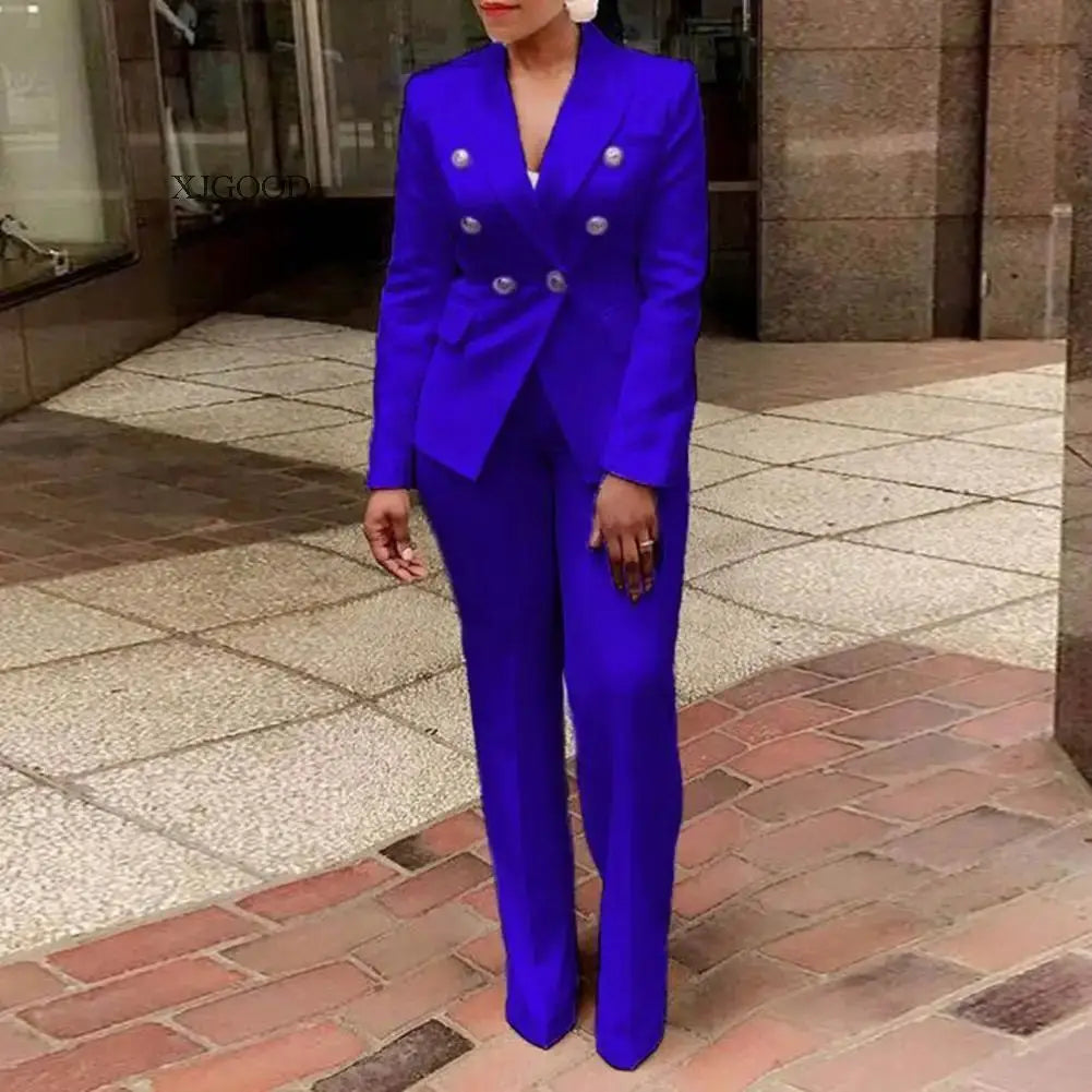 Elegant Double-Breasted Long Sleeve Two Piece Suit Set with Pants