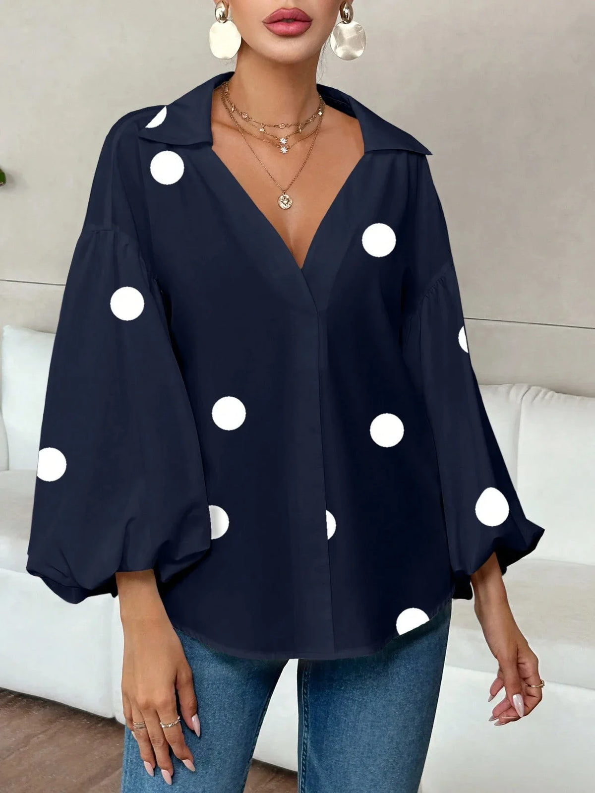 French Polka Dot Print Long Sleeve Casual V-Neck Oversized Blouse