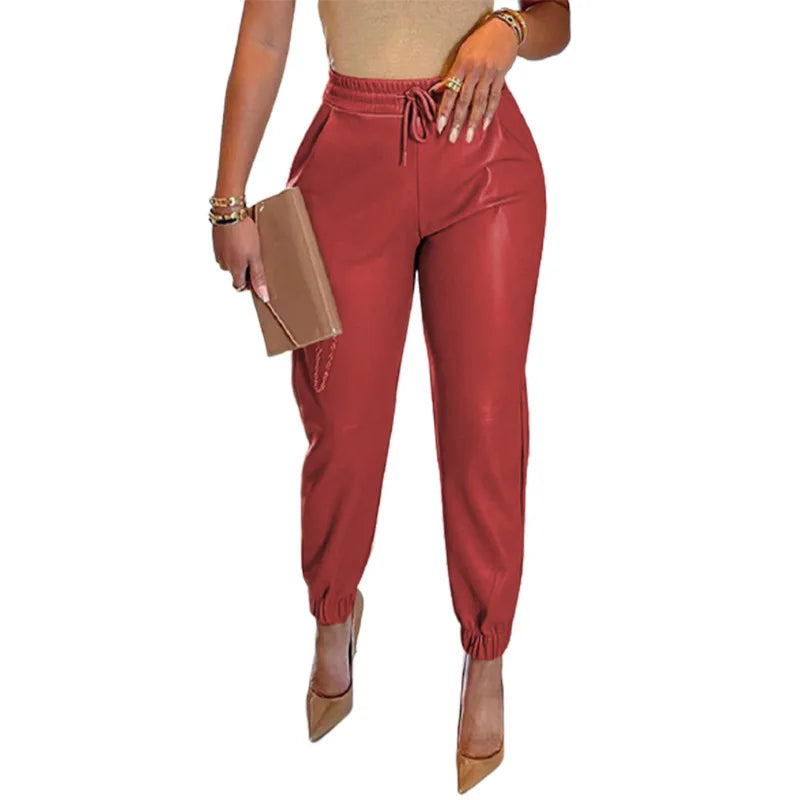 Women's Faux Leather Elastic Waist Vintage Casual Loose Fit Trousers
