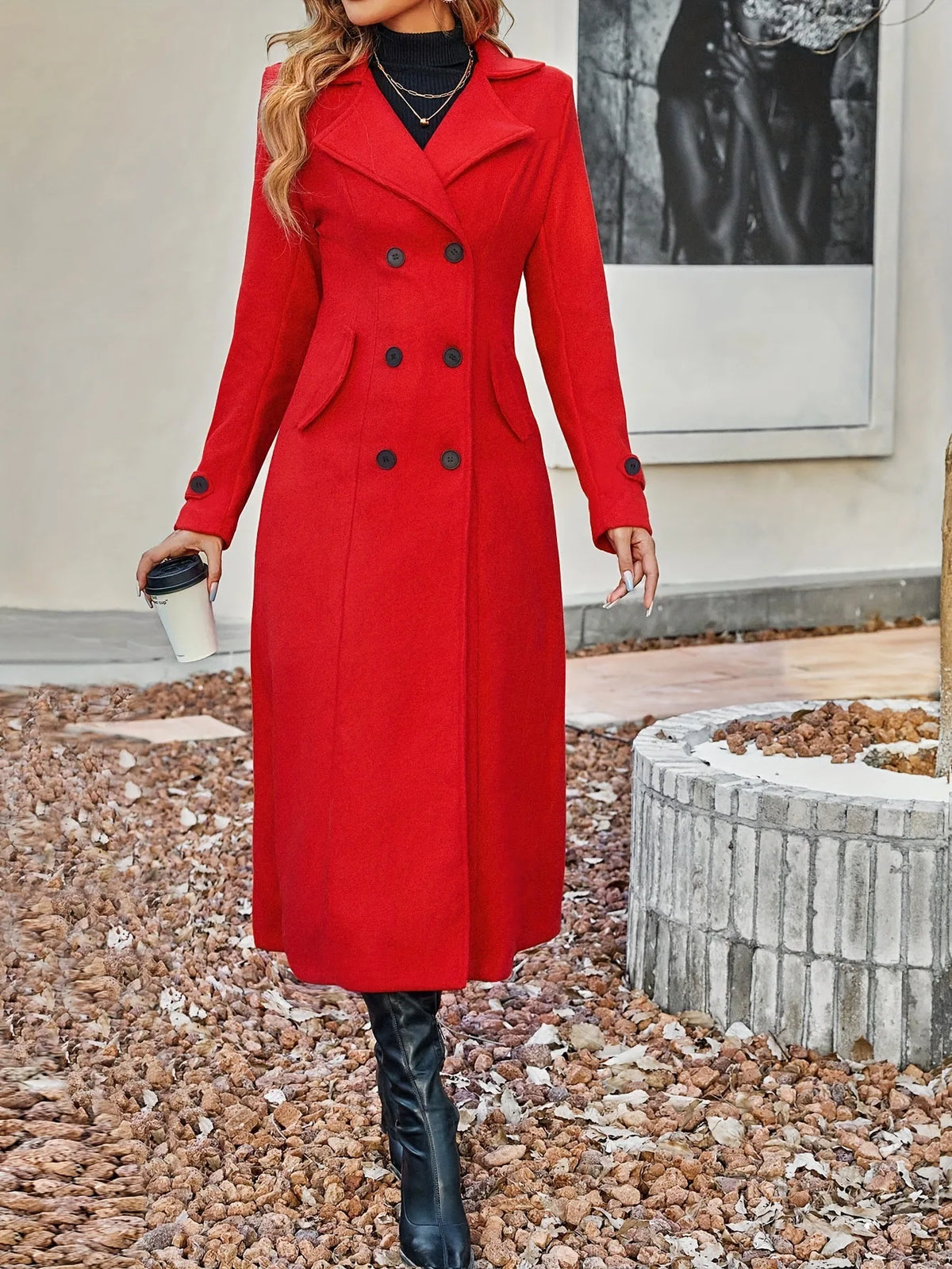 Women's Full Sleeve Double-Breasted Long Winter Coat w/ Pockets