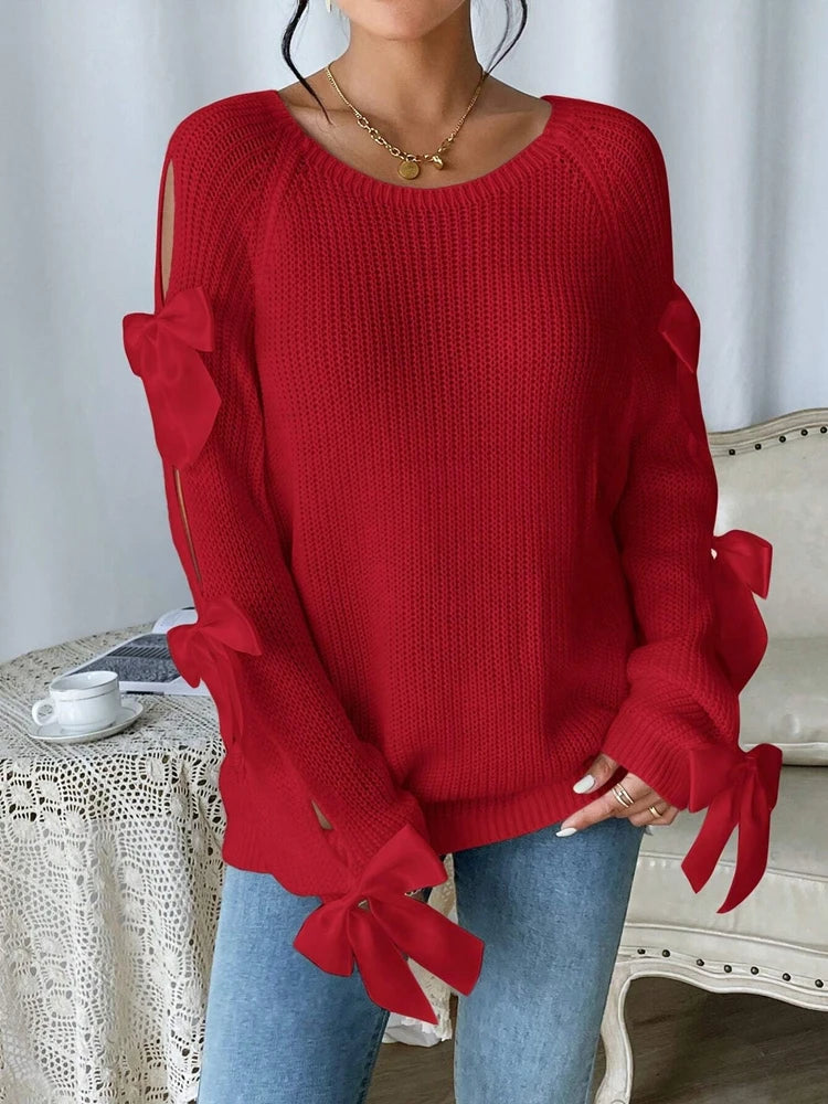 Women Designer Round Neck Long Sleeve Knitted Bow Tie Sweater