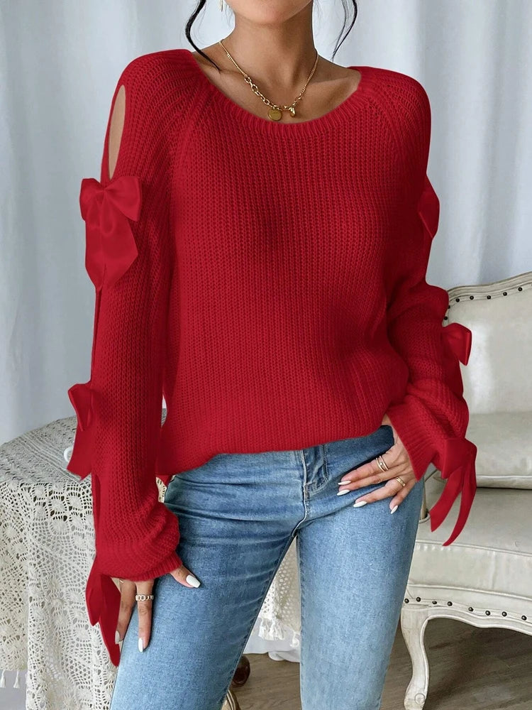Women Designer Round Neck Long Sleeve Knitted Bow Tie Sweater