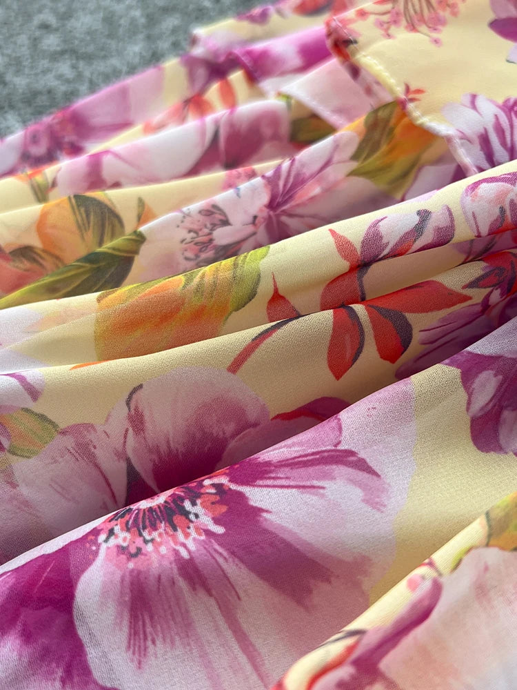 French Style Floral Retro V-neck Ruffle Sleeve High Waisted Chiffon Dress