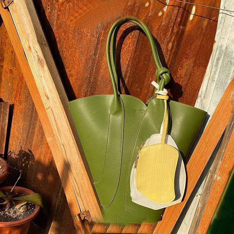 Green Designer Leather Tote Handbag
