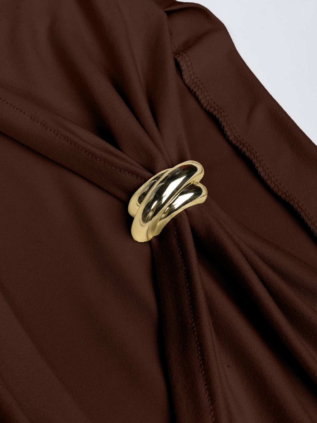 Women Twist Front Metal Ring Cutout Long Sleeve Solid Brown Slim Fitted Top