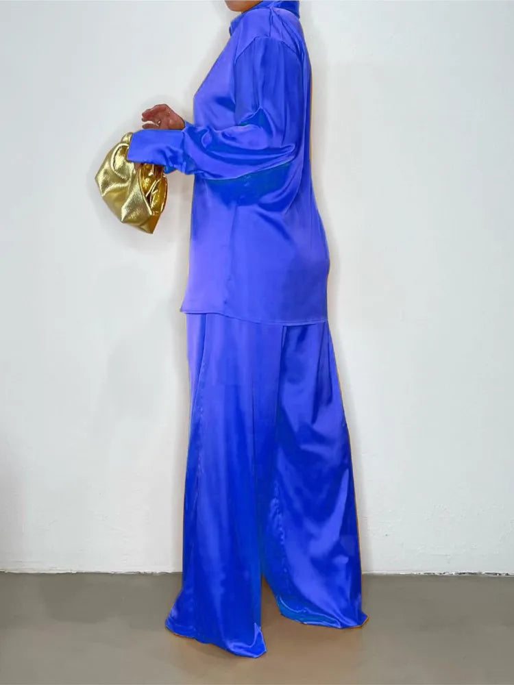 Elegant Satin Women's Long Sleeve Tracksuit And Wide Leg Pants