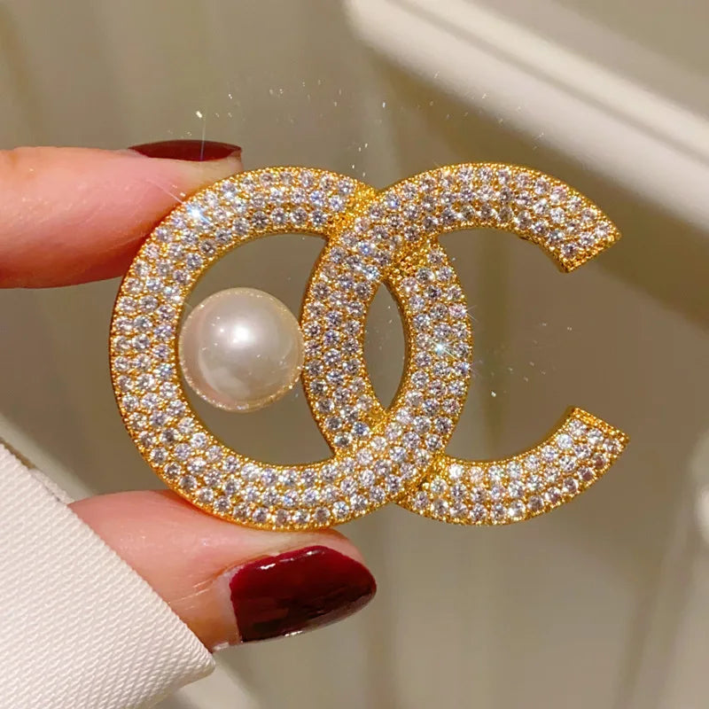 Rhinestone Letter C Pearl Brooch