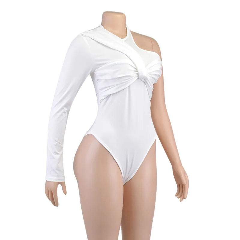 Sexy Pleated One Shoulder Long Sleeve High Waist Slim Backless Twist Bodysuit