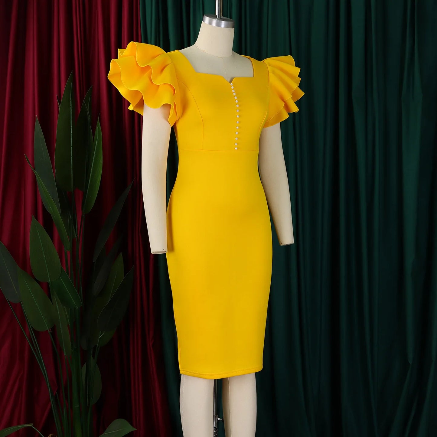 Designer Nail-Beaded Lotus Sleeve A-Line Dress