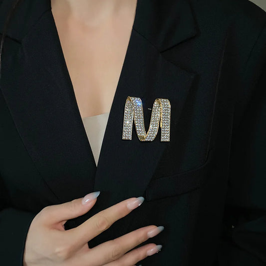 Dedicate Gold Color M Letter Full Rhinestone Brooch for Women
