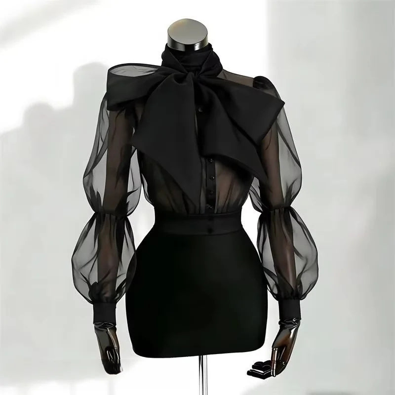 French Designer Bubble Sleeve Bow Tie Collar Blouse