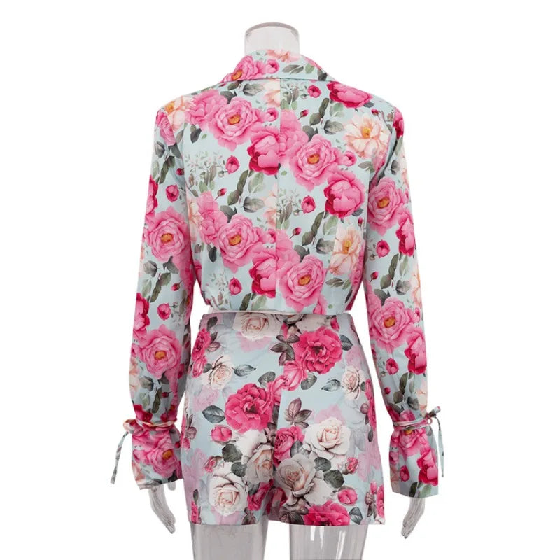 Floral Print Elegant Long Sleeve Lapel Button Crop Top Bodycon Mini Skirt Two Piece Set