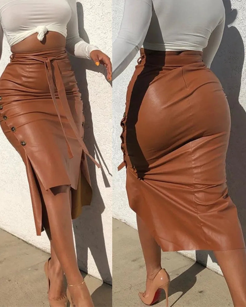 Women's Bodycon A-line High Waist Lace Up Faux Leather Skirt