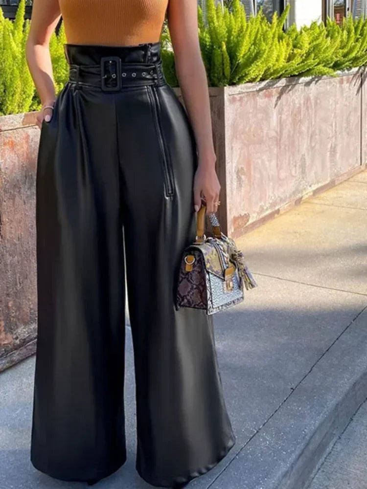 Women's High Waist Leather Wide Leg Pants