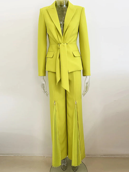 Designer Runway Women's Belted Blazer & Wide Leg Pleated Pant 2pc Set